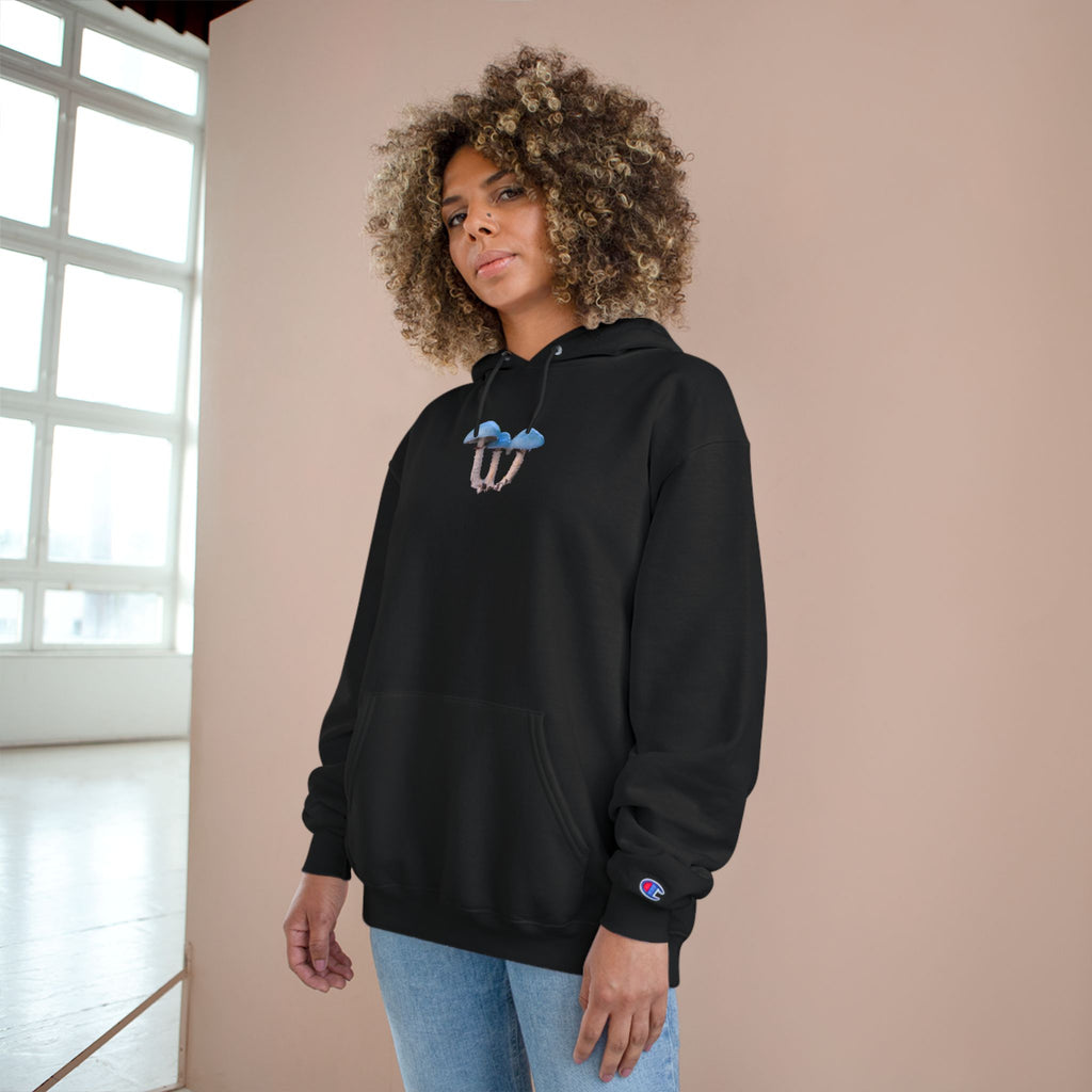 Blue Mushroom Hoodie — Minimal Fungi Graphic Champion-Style Pullover