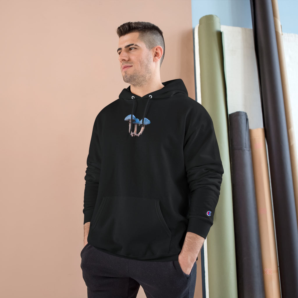 Blue Mushroom Hoodie — Minimal Fungi Graphic Champion-Style Pullover