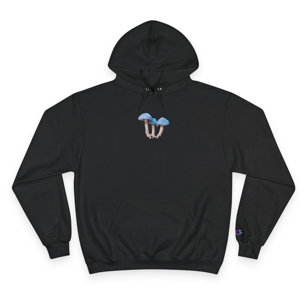 Blue Mushroom Hoodie — Minimal Fungi Graphic Champion-Style Pullover